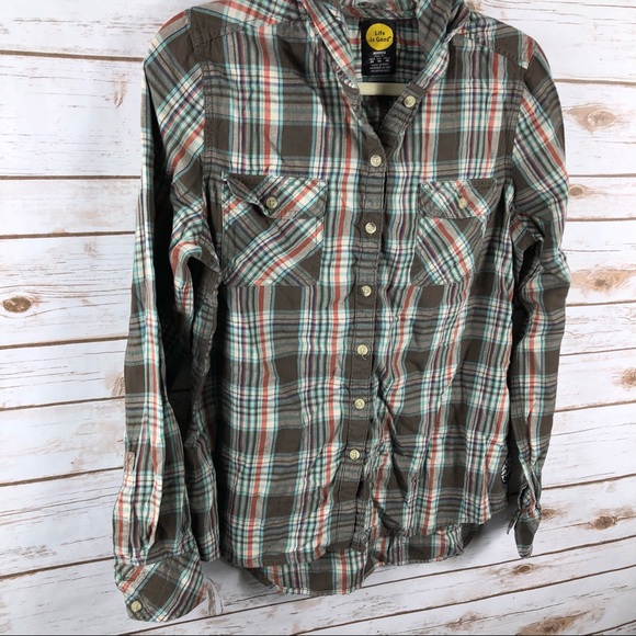Life Is Good brown plaid hi low button up hood top - Picture 2 of 8